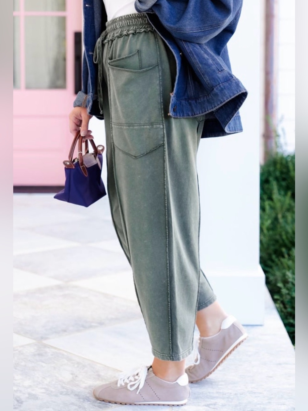 Mineral Wash Elastic Waistband Barrel Pants - pine green - Picture 5 of 6